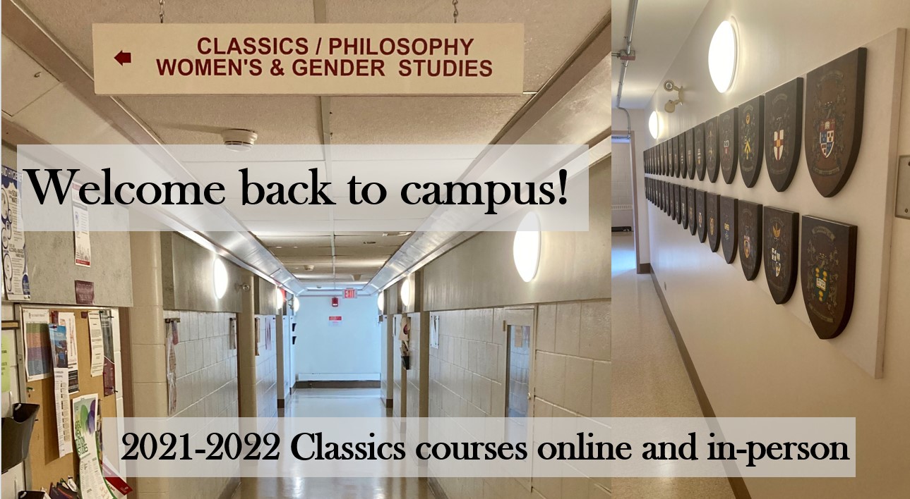“欢迎回到校园!”和“2021-22经典在线和面对面课程”覆盖在格雷厄姆大厅走廊的图像上