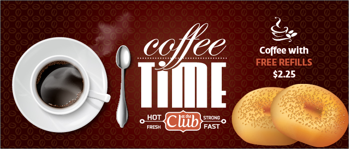在俱乐部享受咖啡休息时间！免费再灌注的咖啡价格为2.25美元。