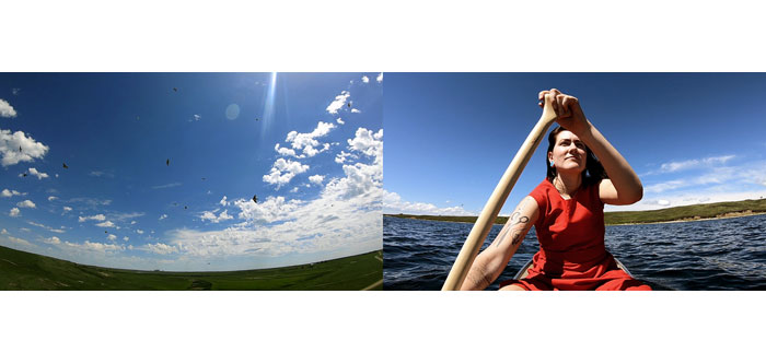 左图:鸟儿在白云点缀的蓝色草原天空中飞翔，下面是小草。右图:一名身着红裙的女子在划着独木舟。