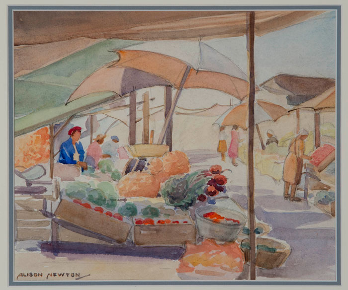 一幅水彩画，画的是在露天市场打着伞卖菜的人