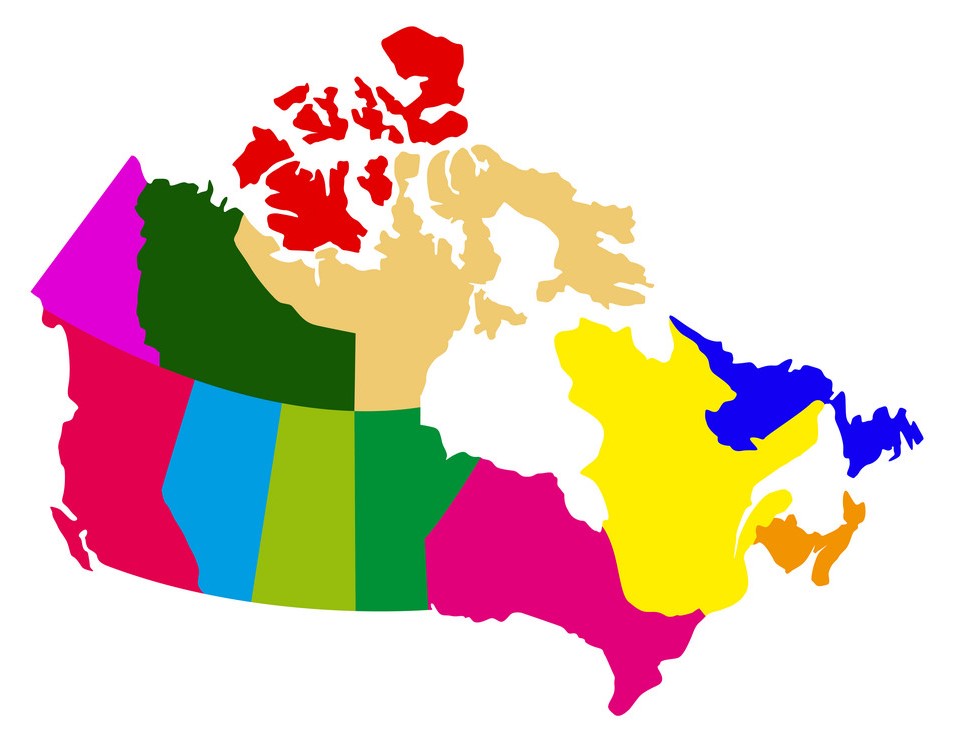加拿大的一个政治地图，显示所有省和领土。每个都是不同的颜色。