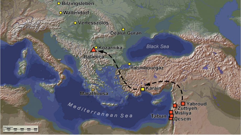 欧洲中部和东南部、安纳托利亚和黎凡特地区主要的非阿舍利中更新世遗址地图。